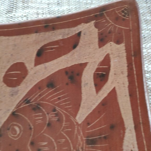 Terracotta Large Bowl Etched Carved Clay Angelfish VTG Decorative Plate 11" - Picture 5 of 12